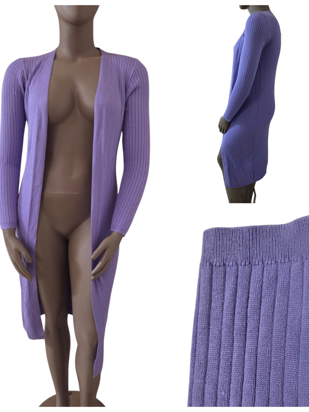 DAISY Rib-Knit Long Sleeve Open Front Maxi Cardigan Large Purple New w/Tags